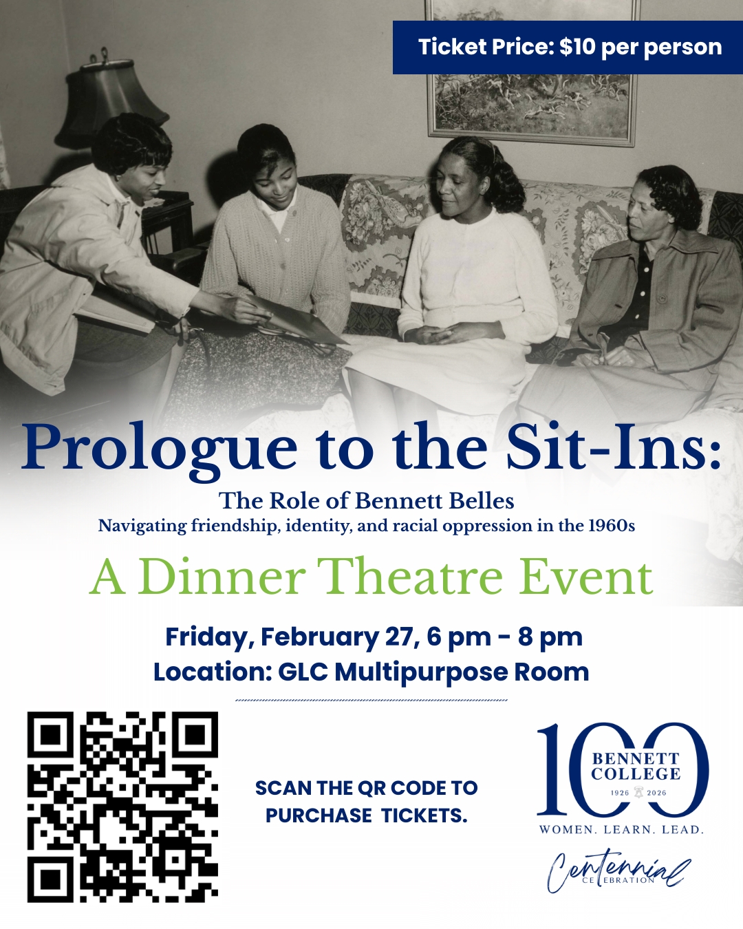 Promotional graphic for Bennett College Centennial event Prologue to the Sit-Ins dinner theatre event