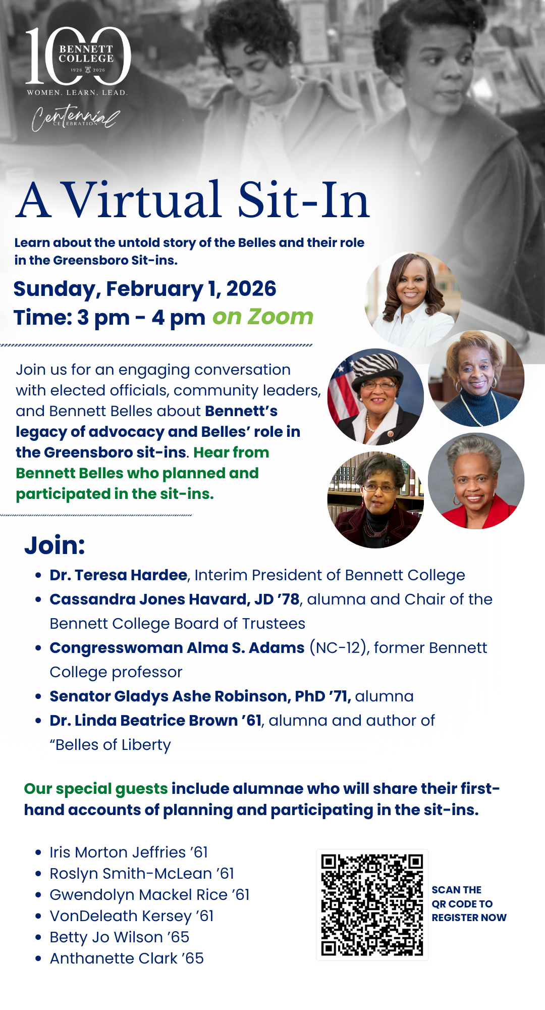 Bennett College Centennial graphic promoting A Virtual Sit-In event on February 1, 2026 featuring alumnae leaders discussing the Greensboro sit-ins with QR code for Zoom registration.