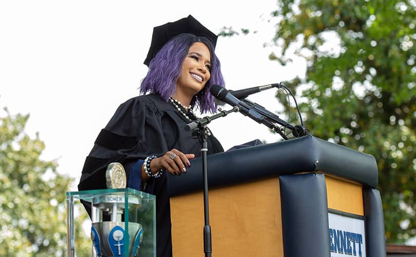 Philanthropist Dr. Kwanza Jones urges Bennett graduates to always recognize their greatness; blesses each grad with a $500 investment